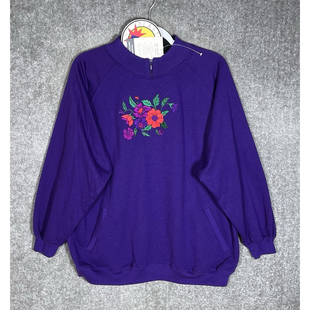 Blast Plus Quilted Floral Embroidery Sweatshirt Womens Sz 2X Purple Vintage New